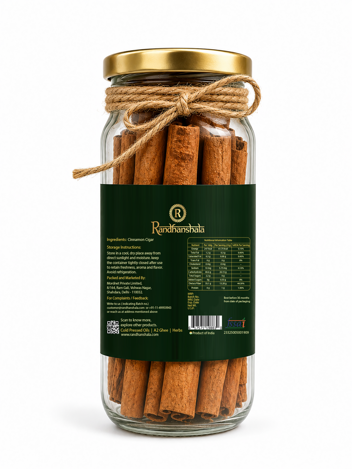 Cinnamon Sticks (Cigar) Whole Raw – 100g | Premium Dalchini Sticks | Natural Sweet Aromatic Spice for Tea, Biryani, Desserts & Cooking | 12-Month Shelf Life | No Additives or Preservatives