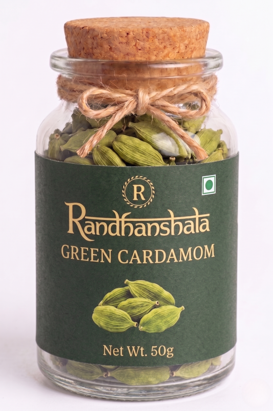 Green Cardamom Whole Raw – 50g | Premium Elaichi Pods | Natural, Aromatic Spice for Tea, Desserts & Cooking | 12-Month Shelf Life