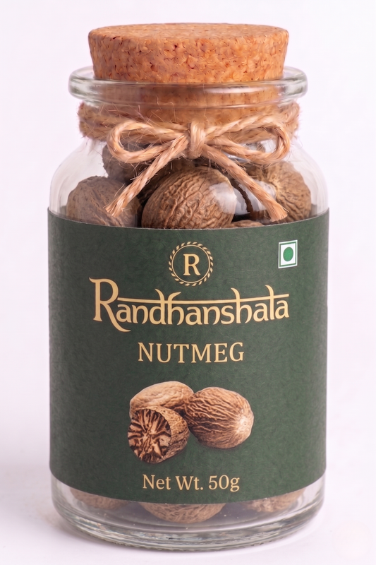 Nutmeg Whole (Jaifal) – 50g | Premium Aromatic Spice | Natural Warm Flavor for Cooking, Baking, Desserts, Tea & Ayurvedic Use | 12-Month Shelf Life | No Additives or Preservatives