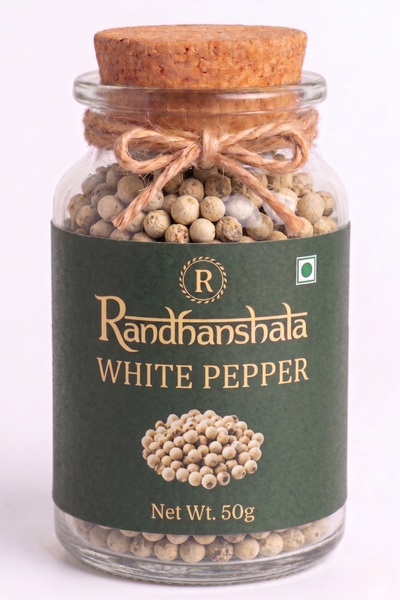 White Pepper Whole Raw – 50g | Safed Mirch Premium Whole Peppercorns | Natural Mild Heat Spice for Soups, Sauces, Continental & Indian Cooking | 12-Month Shelf Life | No Additives or Preservatives