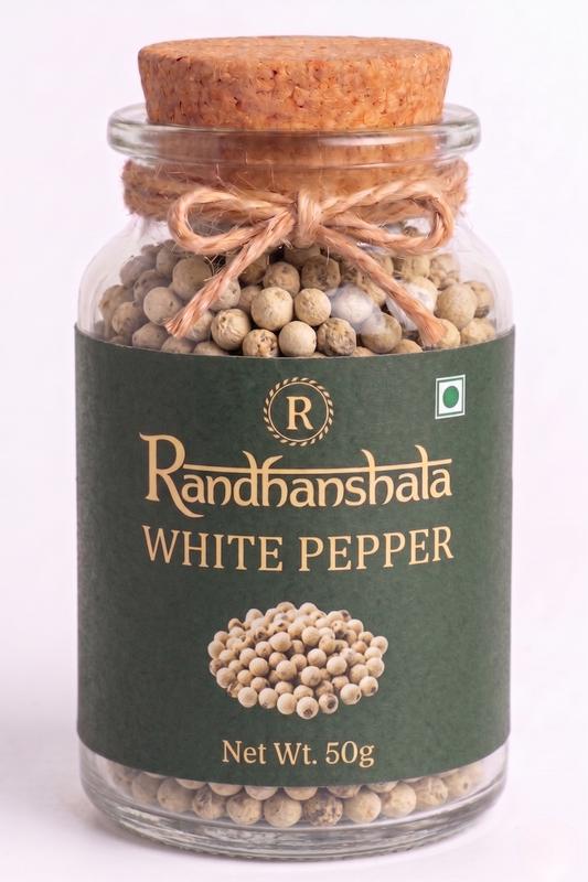 White Pepper Whole Raw – 50g | Safed Mirch Premium Whole Peppercorns | Natural Mild Heat Spice for Soups, Sauces, Continental & Indian Cooking | 12-Month Shelf Life | No Additives or Preservatives