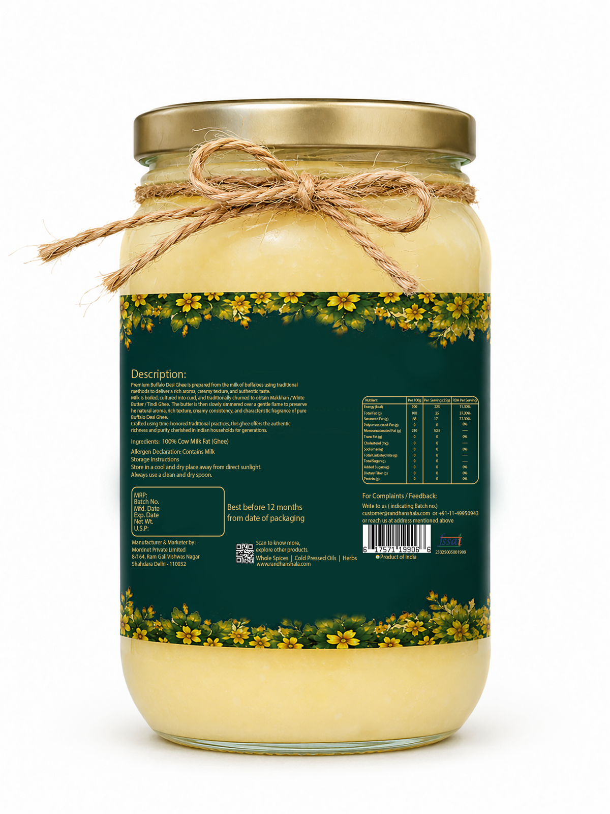 A2 Buffalo Ghee – 1000ml | Premium Pure Desi Buffalo Ghee | Traditional Rich & Aromatic Ghee | Thick Texture & Authentic Taste | 12-Month Shelf Life | No Additives or Preservatives