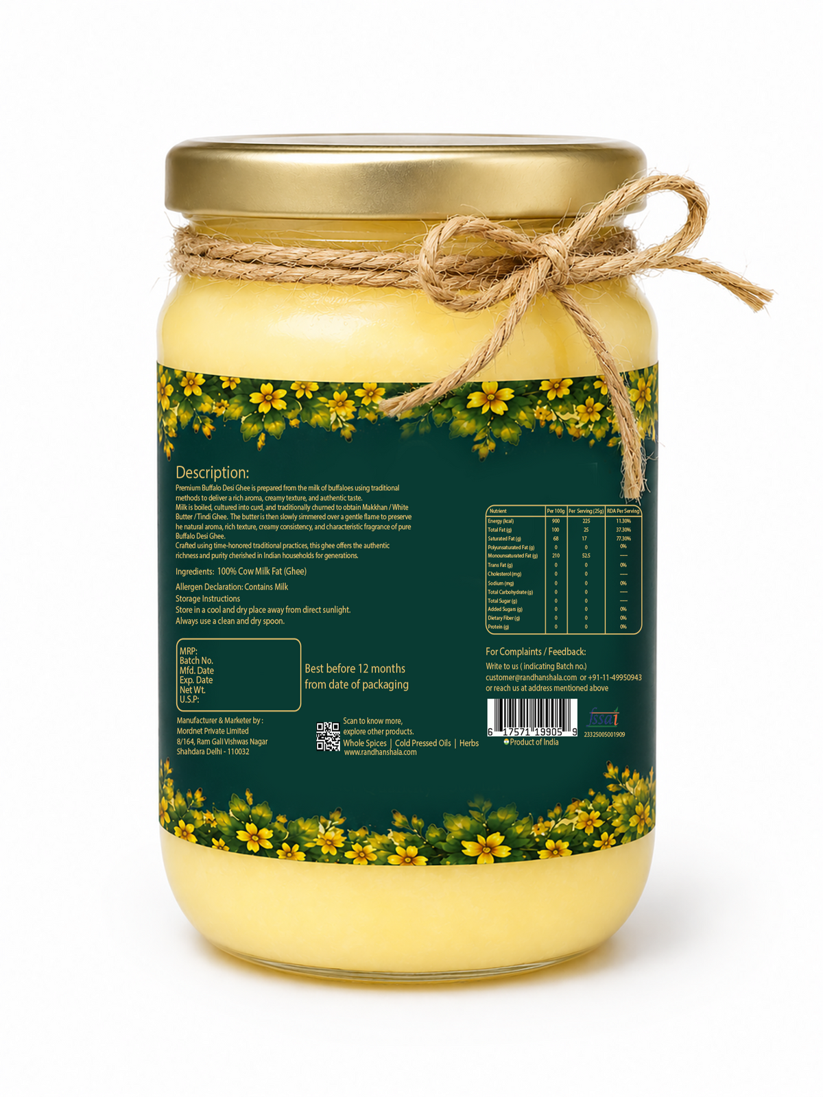 A2 Buffalo Ghee – 500ml | Premium Pure Desi Buffalo Ghee | Traditional Rich & Aromatic Ghee | Thick Texture & Authentic Taste | 12-Month Shelf Life | No Additives or Preservatives