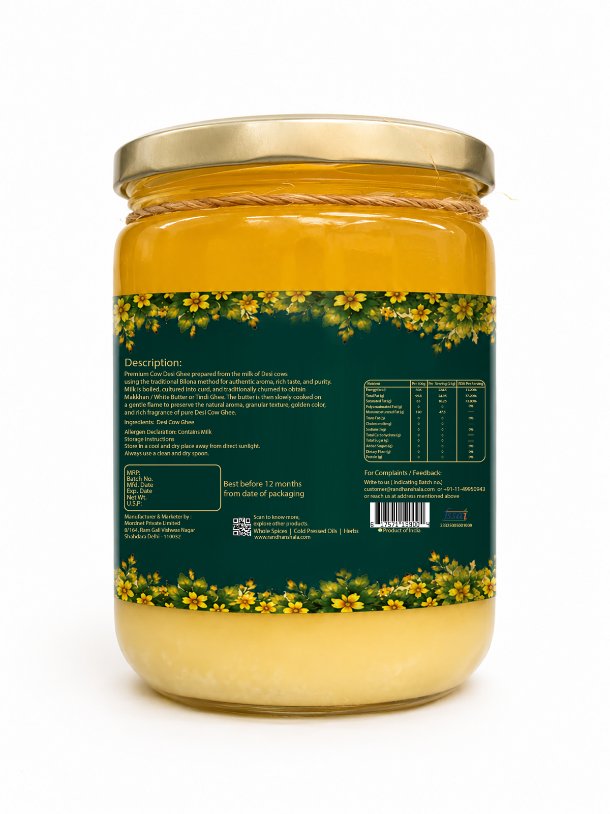A2 Bilona Ghee (Hallikar Cow) – 1000ml | Premium Hand Churned Desi Ghee | Traditional Ayurvedic Superfood | Rich Aroma & Nutrients | No Preservatives | 12-Month Shelf Life