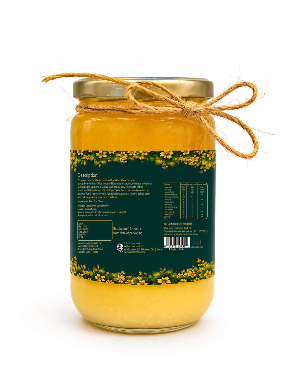 A2 Bilona Ghee (Hallikar Cow) – 500ml | Premium Hand Churned Desi Ghee | Traditional Ayurvedic Superfood | Rich Aroma & Nutrients | No Preservatives | 12-Month Shelf Life