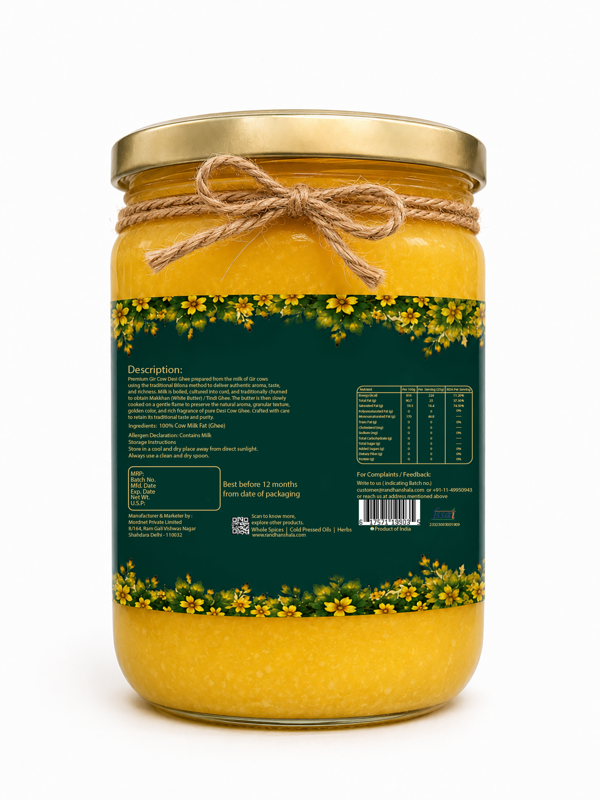 A2 Ghee (Gir Cow) – 1000ml | Premium Pure Desi Cow Ghee | Natural A2 Gir Cow Ghee | Rich Aroma & Authentic Taste | 12-Month Shelf Life | No Additives or Preservatives