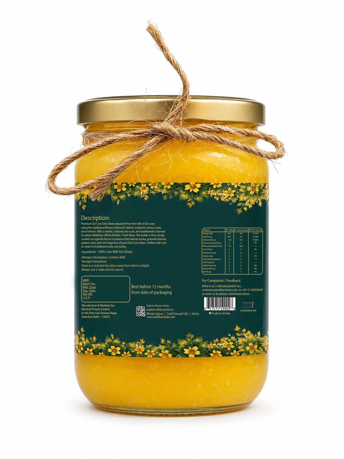 A2 Ghee (Gir Cow) – 500ml | Premium Pure Desi Cow Ghee | Natural A2 Gir Cow Ghee | Rich Aroma & Authentic Taste | 12-Month Shelf Life | No Additives or Preservatives