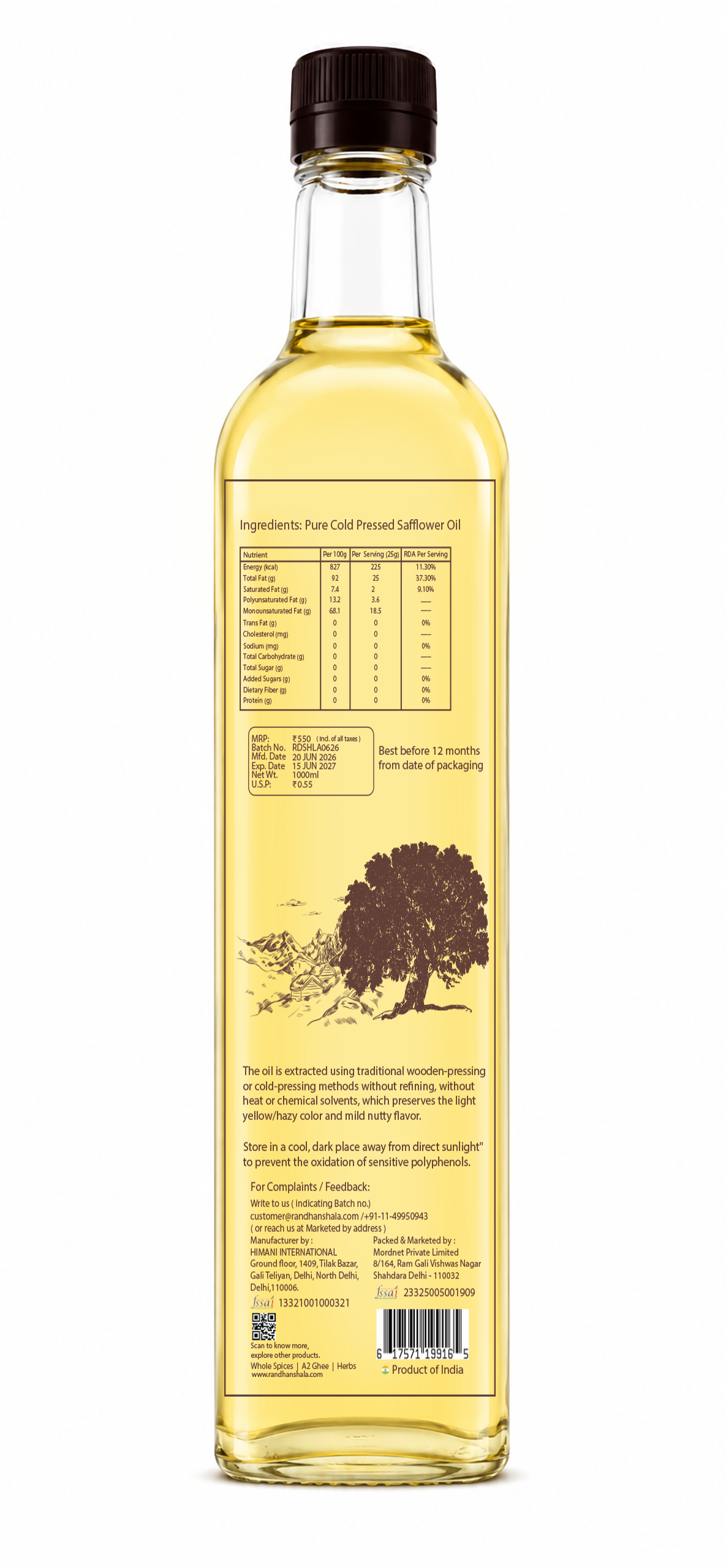 Safflower Oil (Kardi Seed Oil) – 1000ml | Pure Edible Cooking Oil | Light & Heart-Friendly Oil for Daily Cooking, Frying & Sautéing | No Chemicals or Preservatives
